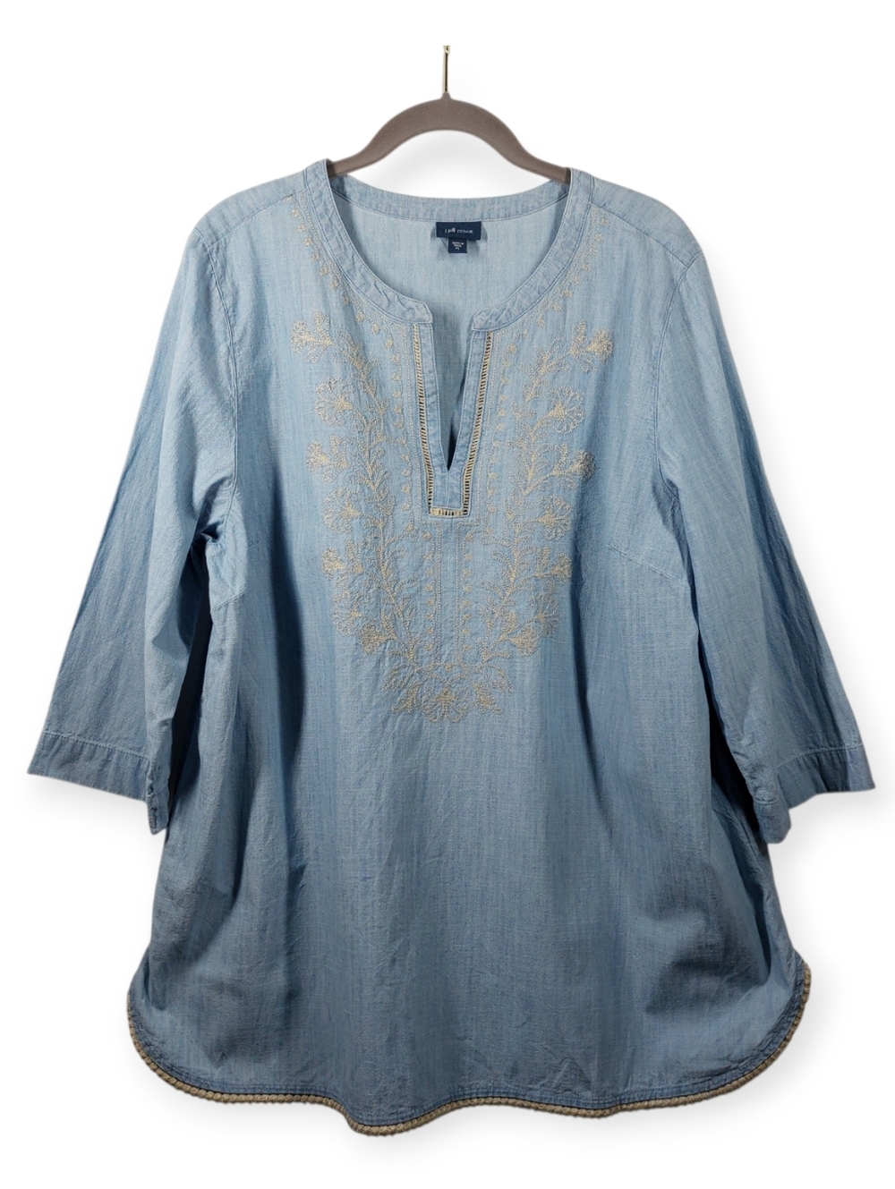 J Jill Denim Tunic Top Women's XL Blue Chambray Embroidered Boho 3/4 Sleeve